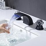 BANGPU Bathroom Sink Faucet 3 Hole 2 Handle Widespread LED Light Waterfall Faucets with Dual Crystal Handles Basin Mixer Tap 8-Inch Vanity Sink Faucet with Supply Hose, Matte Black