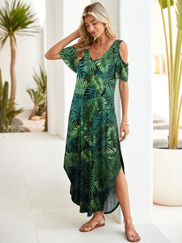 Image of BELAROI Womens Cold Shoulder Maxi Dress Plus Size V Neck Summer Sundresses with Pockets Beach Coverup Vacation Outfits