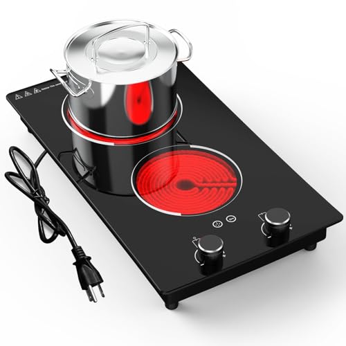 110v Electric Cooktop 2 Burners, 12” Electric Stove Top with Plug in, GTKZW Knob Control Countertop & Built-in Ceramic Cooktop, 9 Power Levels, Child Lock, Timer, Over-Heat Protection
