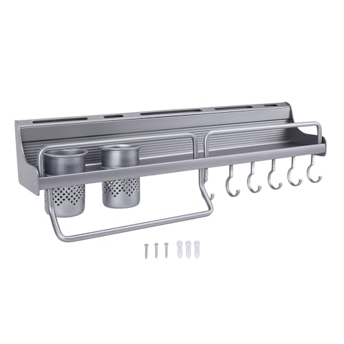 Pilipane Kitchen Wall Mount Utensil Rack Aluminum Alloy Storage Shelf Wall Hanging Organizer with Dual Chopsticks Baskets for Kitchen Space Saving Modern Gray Finish 600x110x130mm