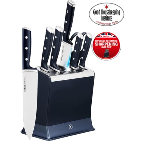 Tefal EverSharp Pro 6-Pc Knife Set, Knife Block With Automatic Integrated Sharpener, Scissors, German Stainless Steel, Ergonomic Handle, Gift for Him/Her, Chef, Utility, Paring & Scissors, K297S744