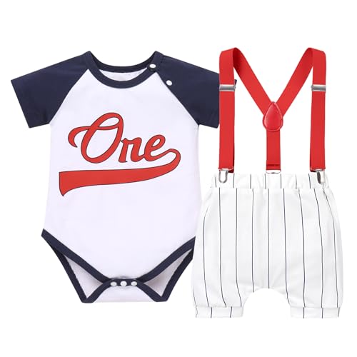 IBTOM CASTLE Baby Boy First Birthday Outfit Boy Baseball Clothes One Year Old Romper+Striped Short+Suspenders Baseball 1T