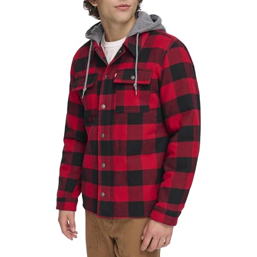 Image of Levi's mens Plaid Sherpa Lined Hooded Shirt Jacket (Regular & Big & Tall Sizes)