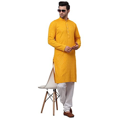 Image of Jompers Men's Regular Fit Cotton Chikankari Embroidered and Sequence Kurtas