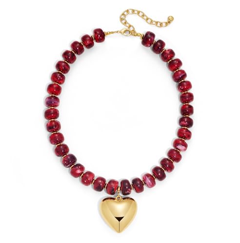 ENSKEFEN Red Acrylic Beaded Necklace Gold Heart Pendant Necklaces for Women Elegant Bold Chunky Statement Necklace Fashion Jewelry