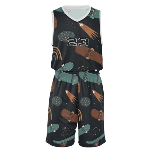 FLildon Skateboards Shooting Stars Boys Basketball Jersey Set Tank Top Shorts Tracksuit Sport Training Suit for Kids, XL