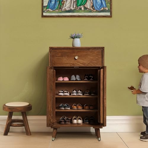 Image of The Attic Diamond Shoerack, Shoe Storage Cabinet for Home, Shoe Rack with Seat & Door, Shoe Organizer, Shoe Rack for Home, Honey Matte Finish