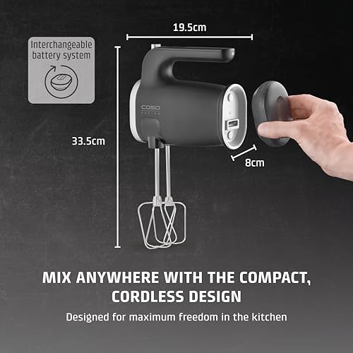 CASO Design Click & Mix Cordless Hand Mixer, Ideal for Mixing, Kneading and Whipping, 8 Speed Levels, Dishwasher Safe Beaters and Dough Hooks, Interchangeable Battery - Image 3