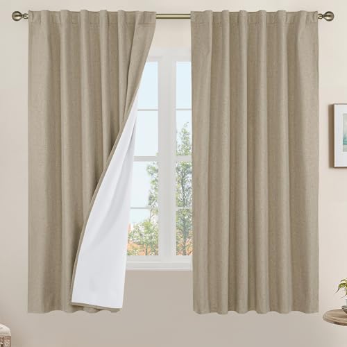 LAMIT 100% Blackout Natural Linen Curtains, 63 Inches Linen Textured