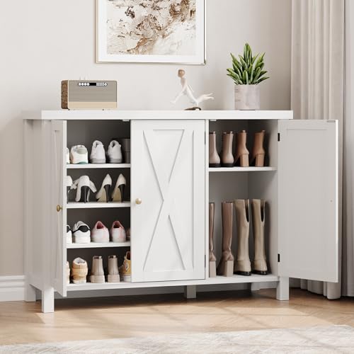 GarveeHome Shoe Cabinet with Doors, Farmhouse 35'' Shoe Storage Cabinet, 4-Tier Entryway Shoe Storage, Large Shoe Organizer Cabinet for Living Room Hallway, White