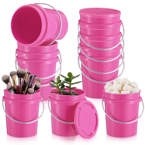 Hushee 6 Pcs Mini Plastic Buckets with Lids 0.4 Quart Pink Buckets for Party Gift Packaging Candy Holders Easter Halloween Christmas Candy Treat Snacks Holder Birthday Baby Shower Party Supplies