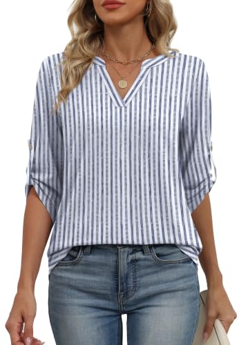 Image of XIEERDUO 3 /4 Length Sleeve Womens Tops V Neck T Shirts Both Side Buttons Blouses Business Casual Outfits Loose Fit
