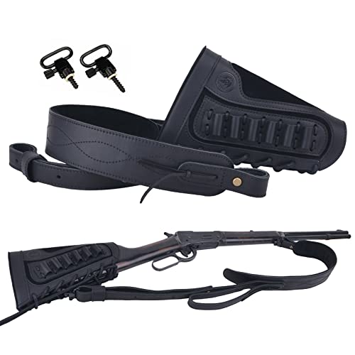 WAYNE'S DOG Leather Rifle Buttstock Cheek Rest with Matched Sling for .357 .45-70 .30-30 .30-06 .22LR .308 .12GA 16GA 20GA (Black(.308 .30-06 .45-70), Righty Handed)