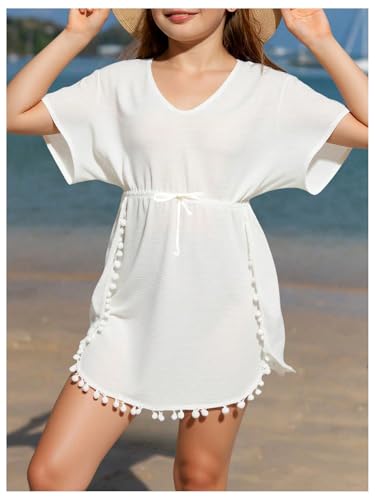 SOLY HUX Girl's Short Sleeve Swimsuit Coverups Fringe Trim Swim Cover Up Beach Dress Beachwear3