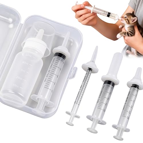 Fumzen Pet Feeding Bottle Set for Puppies and Kittens. Features Soft Silicone Nipples and Multi-Stage Capacity Design (1.0ml + 3ml / 5ml + 10ml)