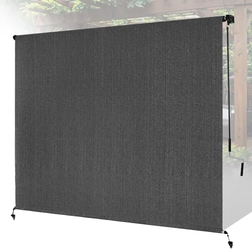 Breezombra 8W x 8H Gray Patio Shades Roll up Outdoor Roller Shade Crank Wand Blind Cordless 90% UV Blocking & Privacy Protection for Porch|Gazebo|Pergola|Backyard (2 Splicing Tube 1 Fabric)