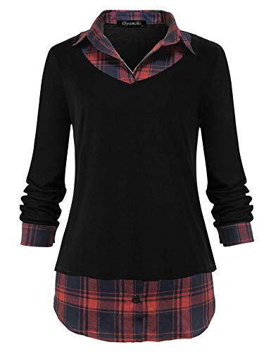 Image of Oyamiki Women's Casual Collared Curved Hem 2 in 1 Pullover Tops Plaid Contrast Shirt Blouse