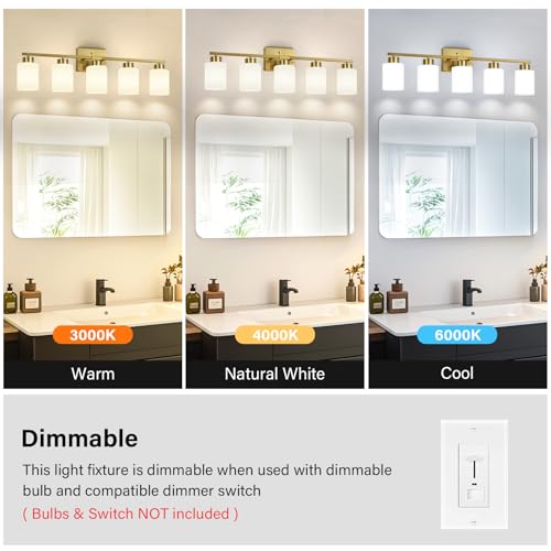 Image of FonmYim Brushed Gold Bathroom Light Fixtures, 5-Light Modern Vanity Light Over Mirror, Wall Sconces with Milky White Frosted Glass Shades, E26 Socket (Bulbs Not Included)