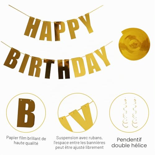 Kzouenzu Joyeux Anniversaire Banderole, Bannière Banderole, Design Personnalité Spirale, Décorations Et Fournitures De Fête D'anniversaire, Pour Filles Garçons Adultes [Or] – vue 3