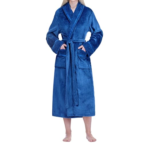 Image of PAVILIA Women's Plush Fleece Robe, Soft Cozy Long Bathrobe with Satin Waffle Trim, Warm Lightweight, Pockets & Tie Belt