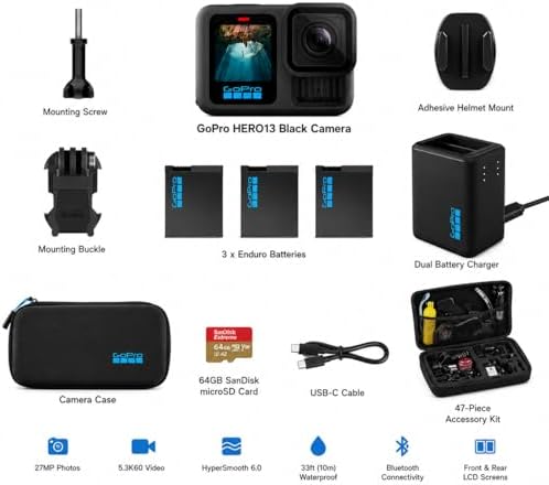GoPro HERO13 Black Action Camera with 3 Enduro Batteries, Dual Charger, 64GB SD, 5.3K HDR Video, 27MP Photos, HyperSmooth Stabilization, Waterproof Design, 47-Piece Accessory Kit, 1-Year Warranty — view 7