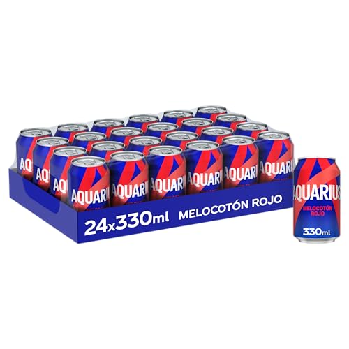 AQUARIUS Melocotón Rojo, Bebida Hidratante con Sales Minerales, Baja en Calorías - Pack 24 Latas de 330ml