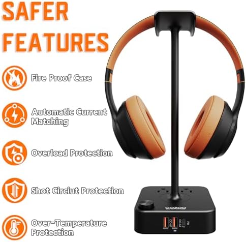 COZOO Headphone Stand with USB Charger Desktop Gaming Headset Holder Hanger with 3 USB Charging Station and 2 Outlets Power Strip,Suitable for Gaming, DJ,Wireless Earphone Display, Gamer Gifts for Men - 4