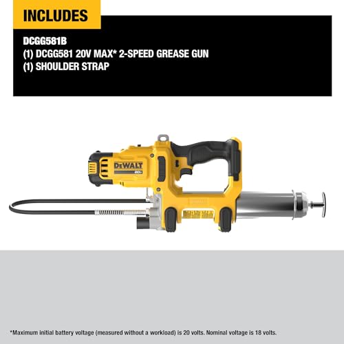 DEWALT Grease Gun 20V MAX Cordless 10,000 PSI Variable 2-Speed Electric Grease Gun with 47 Inch Hose and LED Light, Up to 9 oz per Minute and 7 Tubes per Charge, Tool Only (DCGG581B)