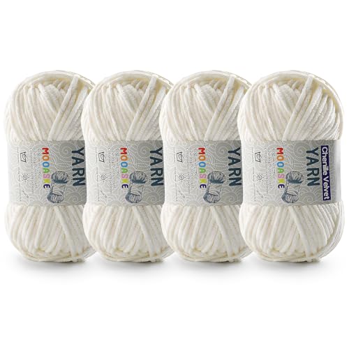 Image of 4 Pac Chenille Yarn for Crocheting - Blanket Yarn for Crocheting - Fluffy Yarn for Crochet, Baby Yarn for Crocheting Soft Blankets Weight Per Roll 50g /1.76oz, Length 60m /65yard (Milky White)