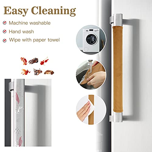 Image of Nuovoware Refrigerator Door Handle Covers Set of 4, Keep Kitchen Appliance Fridge Oven Microwave Dishwasher Clean,Antiskid Washable Decor Cloth,Keep Off Smudges Fingerprint Oil Stain, Light Brown