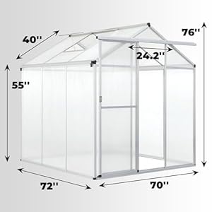 6 x 6 ft greenhouse for outdoors polycarbonate garden backyard greenhouse with adjustable roof vent aluminum large walk in greenhouse silver  urban country home decor