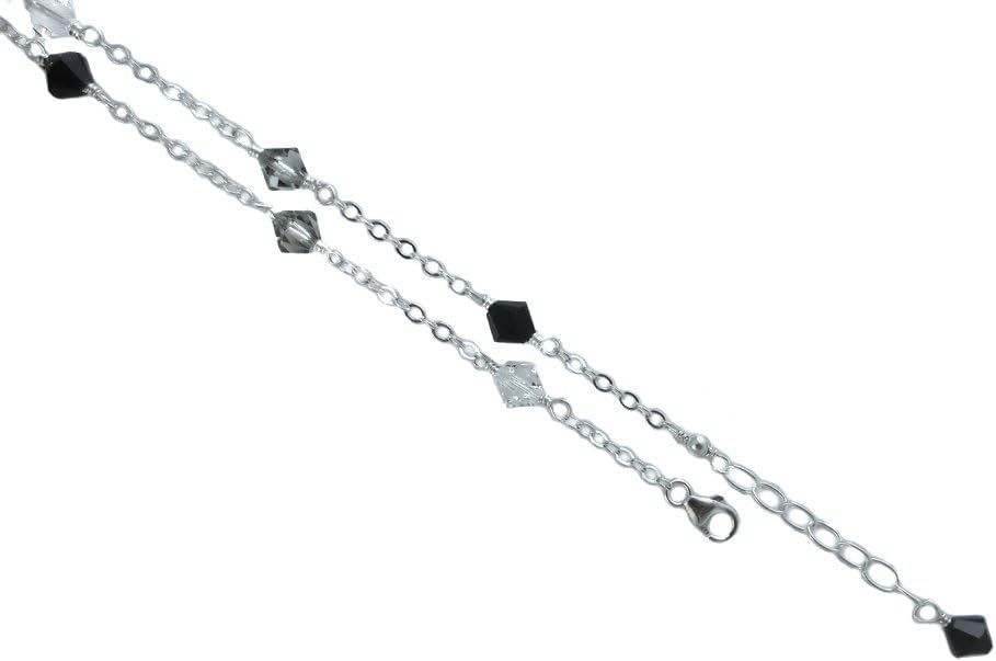JOSCO 6mm Black, Grey, Clear Crystals, Sterling Silver Anklet, Bracelet. 7,8,9,10,11,12,13"