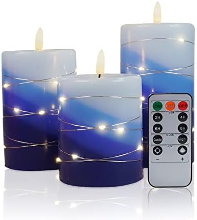 haitanghua Flameless Candle, with String Lights,Battery-Powered 3-Piece LED Candle, 11-Button Remote Control, 2.4.6.8 Hour Timing Function, Dancing Flame, (Ivory White) (Blue)