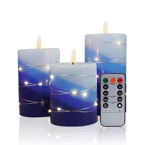 Haitanghua Flameless Candle, With String Lights,Battery-Powered 3-Piece Led Candle, 11-Button Remote Control, 2.4.6.8 Hour Timing Function, Dancing Flame, (Ivory White) (Blue) #TOP17