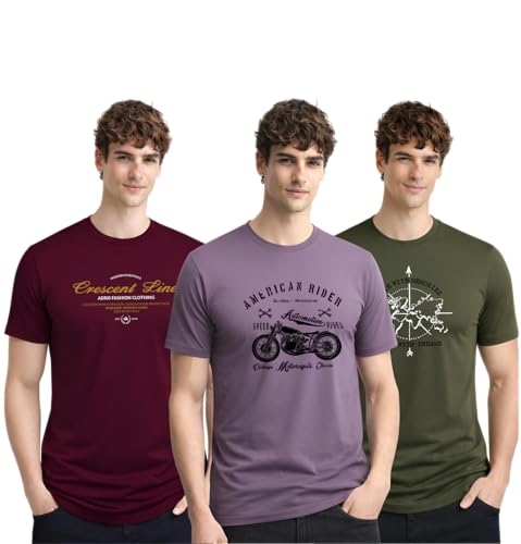 Image of ADRO Mens Printed Cotton T-Shirts Pack of 3 | Regular Fit Graphic Tshirt | Breathable Modern Stylish Casual T Shirt for Travel Gym Daily Lifestyle
