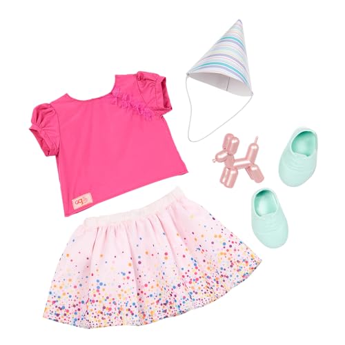 Our Generation – It's Time to Party – Geburtstags-Outfit – Konfetti-Print-Rock & Pudel-Ballontier – 46 cm Puppenkleidung – Vorgetäuschtes Spiel – Spielzeug für Kinder ab 3 Jahren
