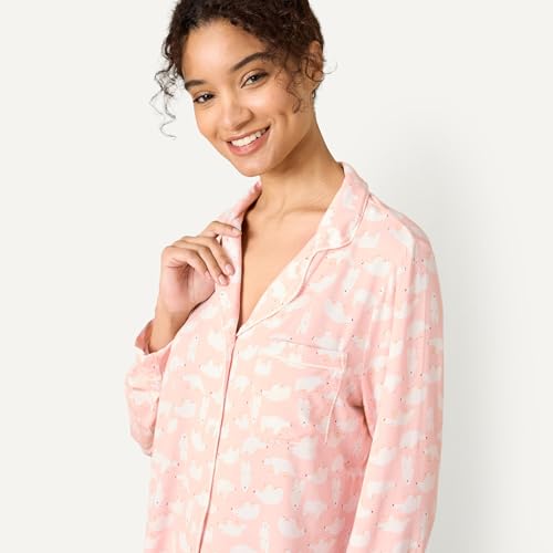 Image of Amazon Essentials x Sofia Grainge Women's Stretch Modal Long-Sleeve Button-Front Top and Full-Length Bottom Pajama Set