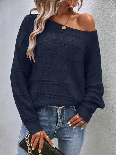 Image of Women's Sweater Soft Boat Neck Long Sleeve Oversized Sweaters Crochet Pullover Knit Tops