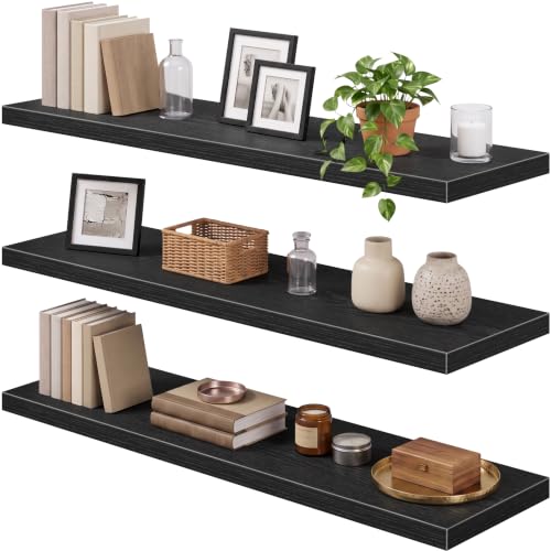 Image of QEEIG 12 inch Deep Floating Shelves for Wall - 12 x 48 inch Book Shelf Bathroom Bedroom Kitchen Living Room Hanging Bookshelf Farmhouse Set of 3, Black (026-120B3)