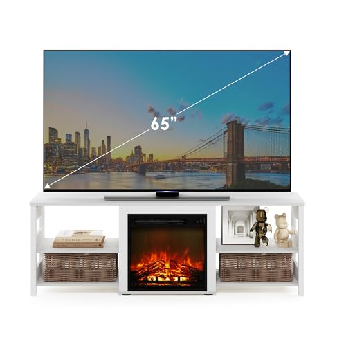 Image of Furinno Classic 70 Inch TV Stand with Fireplace, White Emboss