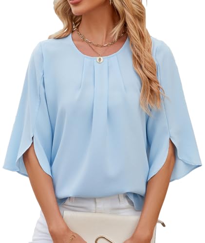 OLIPHEE Blusa De Mujer Camisa Elegante Manga De Volante Cuello Redondo Color Liso Camiseta Casual Holgada Primavera Verano Azul Claro L