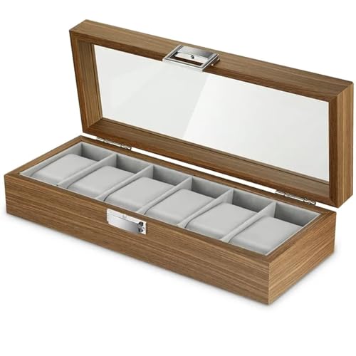 Image of KLIFFOO Watch Box Organizer - 6 Slots Display Case with Glass Lid, Wooden, Soft Velvet Interior - Elegant Wrist Watch Storage Box for Men's & Women's Watches, Jewelry & Accessories Collection Case
