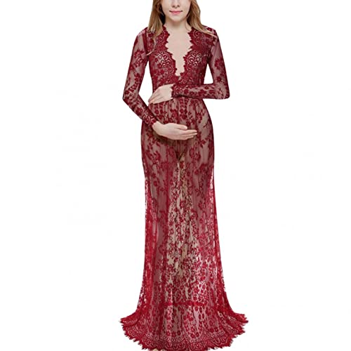 Chaconka Maxi Robe Grossesse Dentelle Shooting Photo à Manches Longues Robe de Soirée Photo Shoot Lace Col V Couleur Unie Chic Vetements Femmes Enceinte Élégant Robe Jupe Grossesse Maternité, Rouge Cover