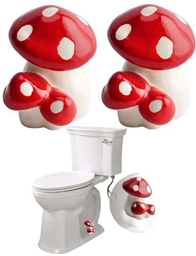 WANSHUNLMI Red Mushroom Toilet Floor Bolt Covers, Ceramic Mushroom Toilet Bolt Caps, Cute Bathroom Decor, Fun Mushroom Themed Gadgets for The Toilet (Red)