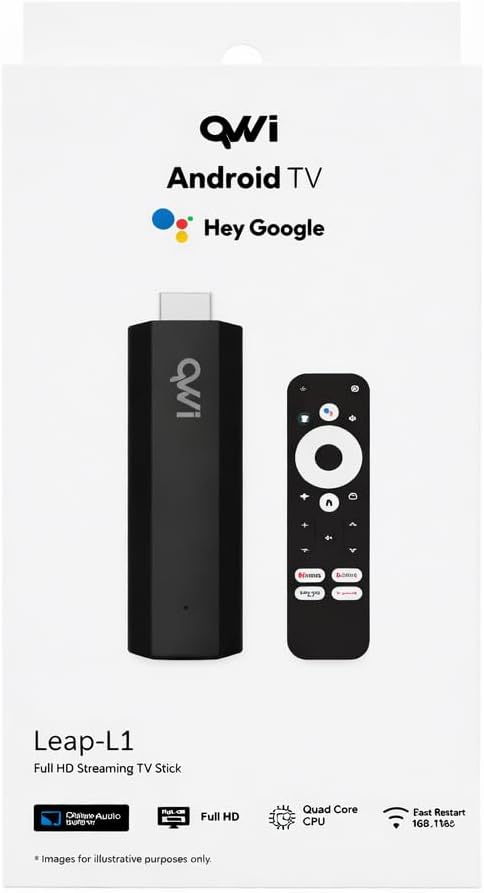 Multiple views of the QVWi Leap L1 Android TV Stick, showing HDMI connector, USB port, and branding