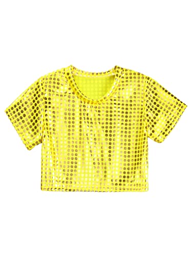 JEATHA Kids Boys Girls Shiny Sequins Crop Tops Dance Shirts Disco 70s Hippie Style Short Sleeve T-Shirts3