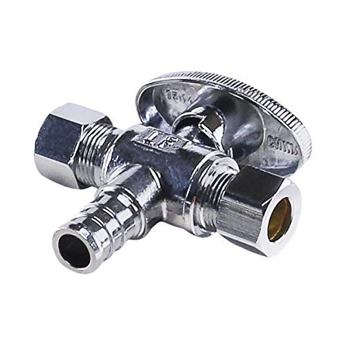 Image of Midline Valve 86351QS-OM-5 Water Supply Angle Stop Valve; Dual Outlet; Quarter Turn Wheel; for Toilet, Sink, Dishwasher; 1 /2'' PEX x 3 /8'' x 3 /8'' Compression; Chrome Plated Brass (5 PK)