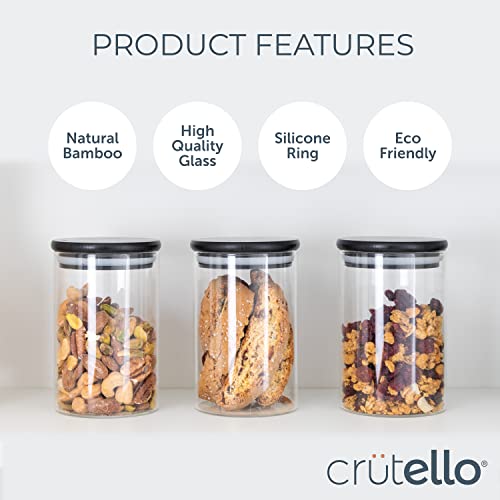Crutello Glass Food Storage Containers With Black Bamboo Lids, 6 Pack - 16 Fluid Oz Airtight Clear Kitchen Organization Canisters With Black Lids #TOP4