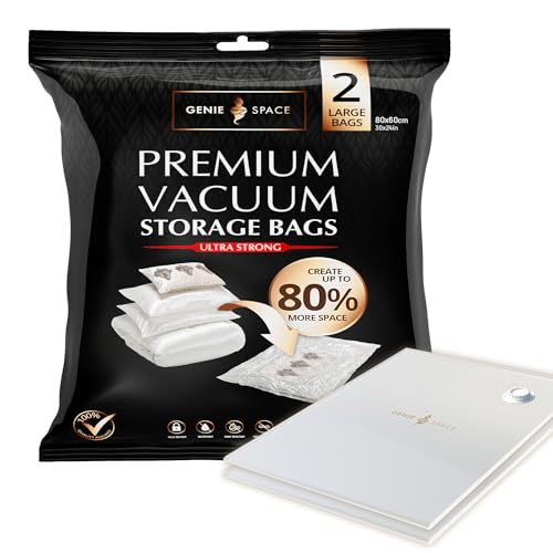 GENIE SPACE - Bolsas de Vacío Premium Increíblemente Fuertes Ahorro de Espacio | 2 x GRANDE (80x60cm) | Herméticas y Reutilizables | 80% más espacio | Ropa, Toallas, Ropa de Cama, Edredones y más