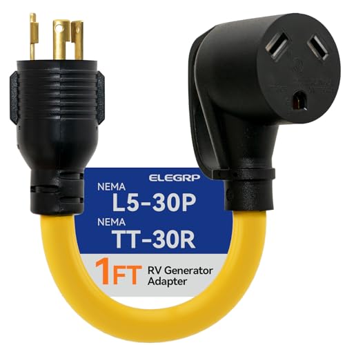 ELEGRP 30 Amp Generator Adapter Cord NEMA L5-30P to TT-30R Generator to RV Adapter 3 Prong Twist Lock Male to RV Female Receptacle Heavy Duty Dogbone Electrical Converter for Travel Trailer Camper